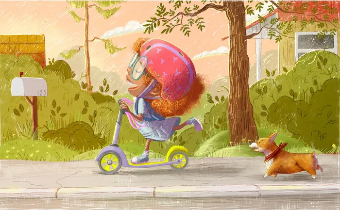 Girl rides scooter on sidewalk with dog running nearby by Olga Popova