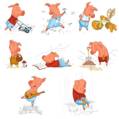 Cartoon pig character performing different activities by Olga Popova