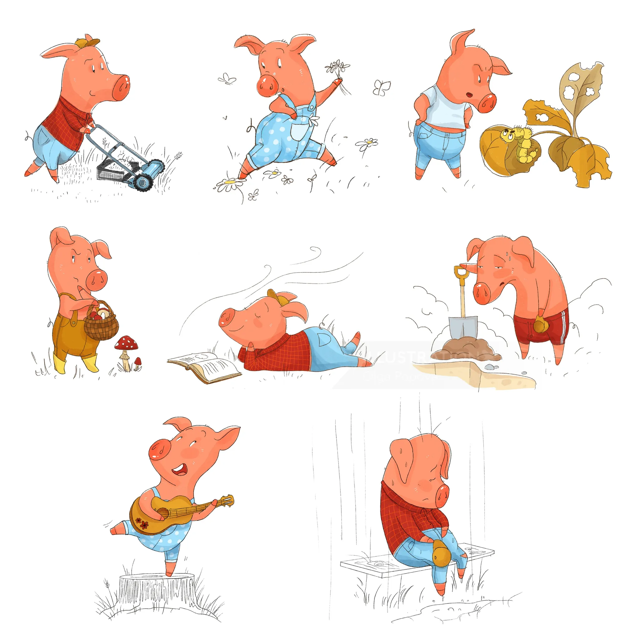 Cartoon pig character performing different activities by Olga Popova