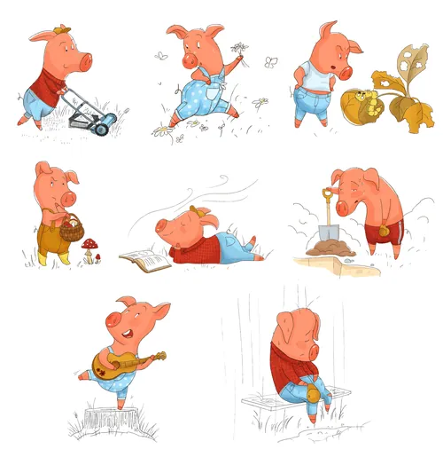 Cartoon pig character performing different activities by Olga Popova