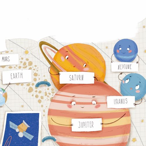 Colorful cartoon solar system with labeled planets by Olga Popova