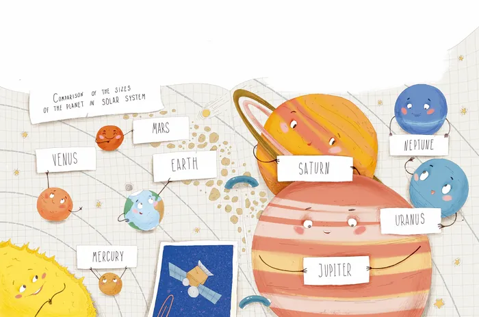 Colorful cartoon solar system with labeled planets by Olga Popova