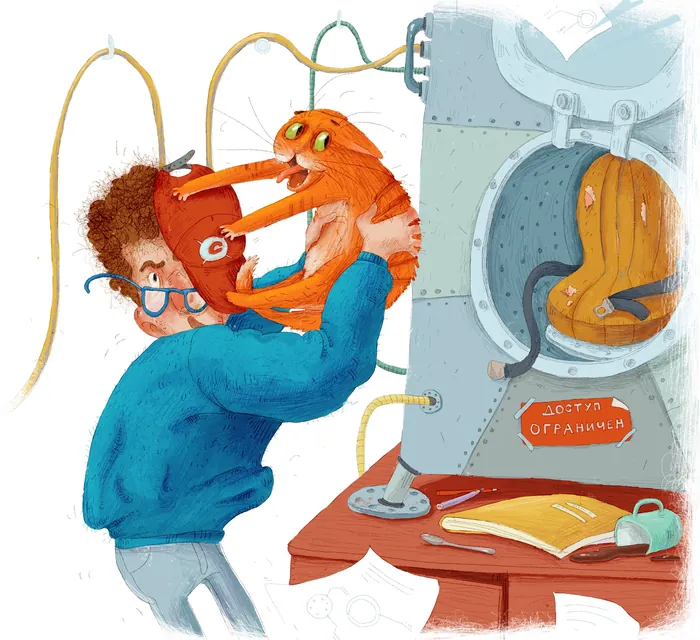 A boy lifting an orange cat near a futuristic machine with a robotic arm by Olga Popova