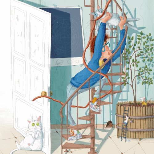 A woman climbing a spiral staircase indoors with two cats by Olga Popova