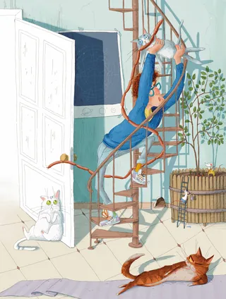 A woman climbing a spiral staircase indoors with two cats by Olga Popova