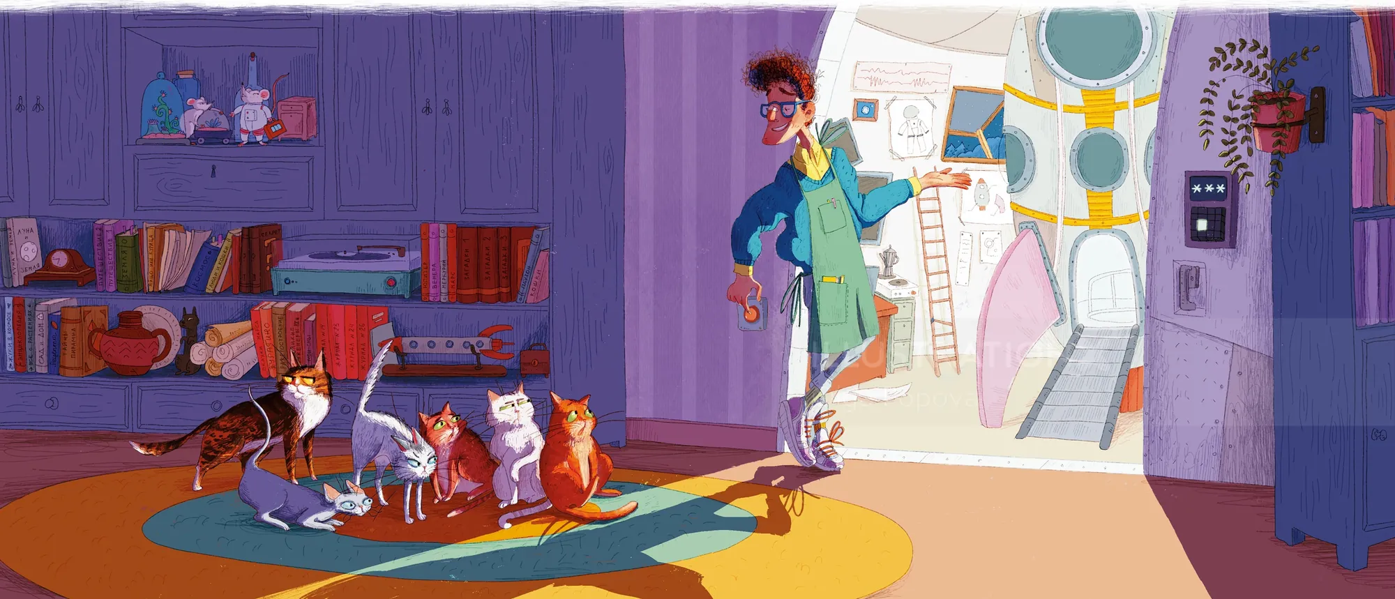 Woman surprised by astronaut suit while cats sit on rug indoors by Olga Popova