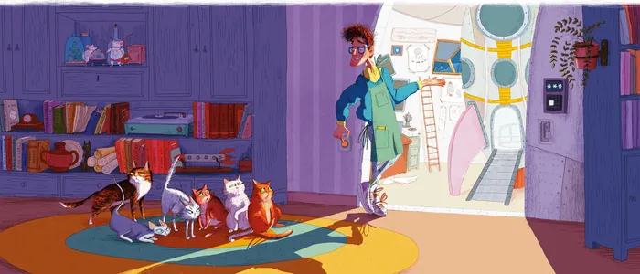 Woman surprised by astronaut suit while cats sit on rug indoors by Olga Popova