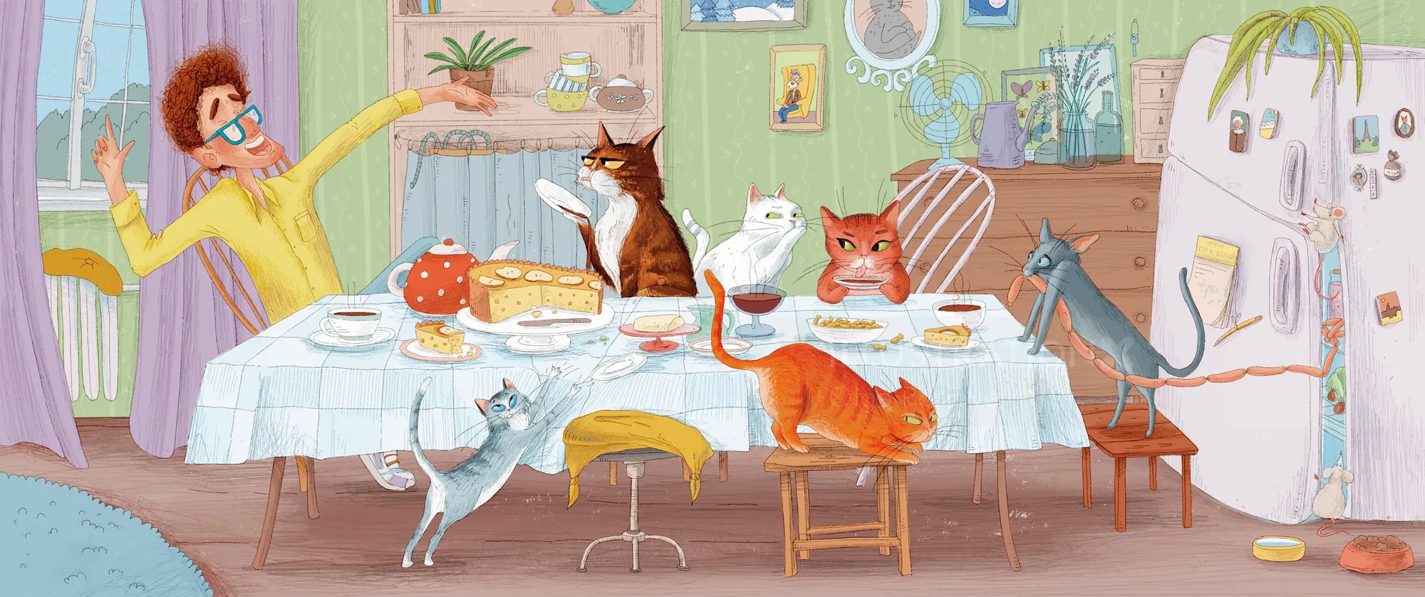 Humorous kitchen scene with a woman and several cats causing chaos by Olga Popova