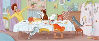 Humorous kitchen scene with a woman and several cats causing chaos by Olga Popova