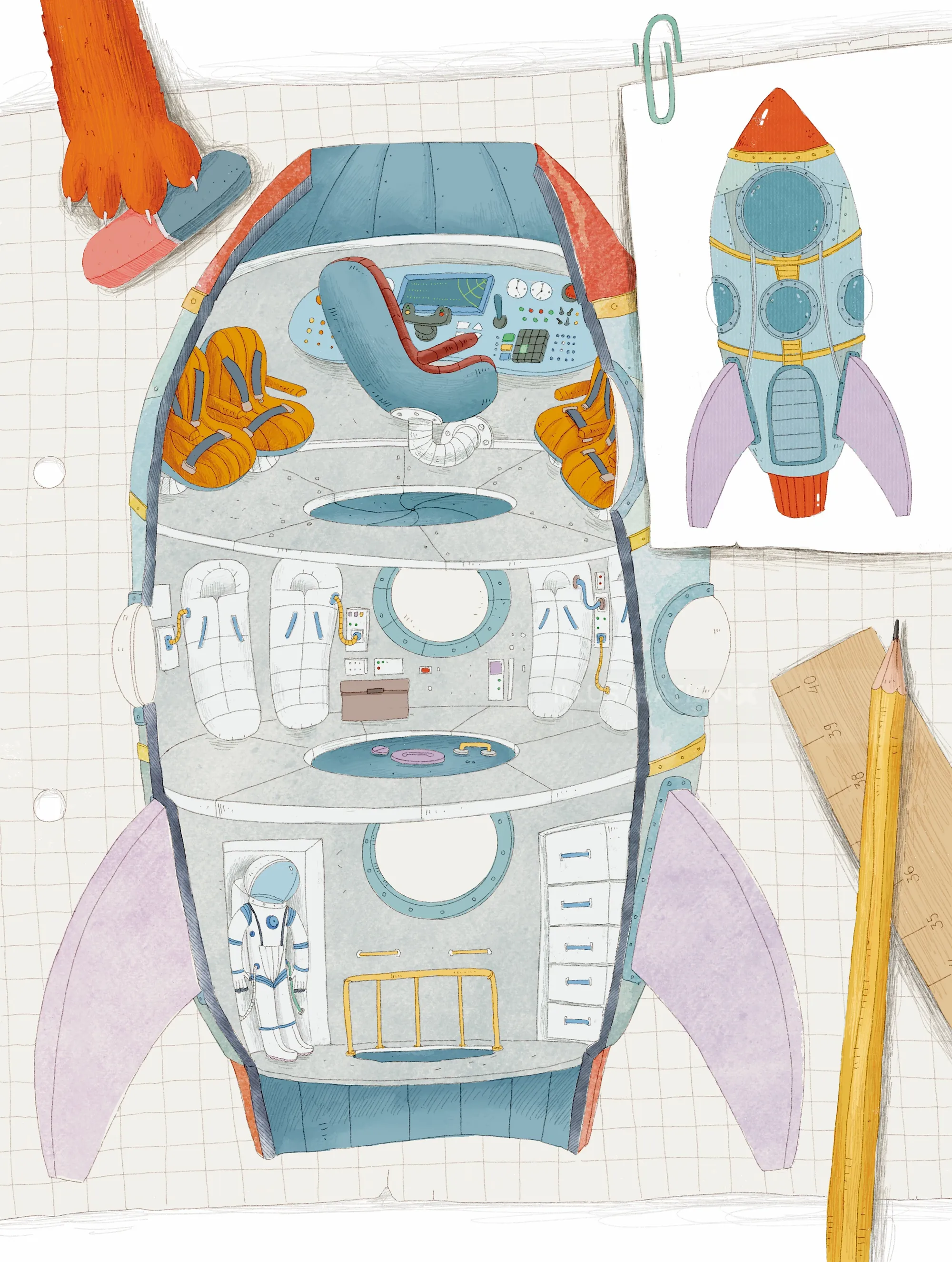 Cutaway view of rocket interior with astronaut seats and equipment by Olga Popova