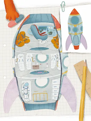 Cutaway view of rocket interior with astronaut seats and equipment by Olga Popova