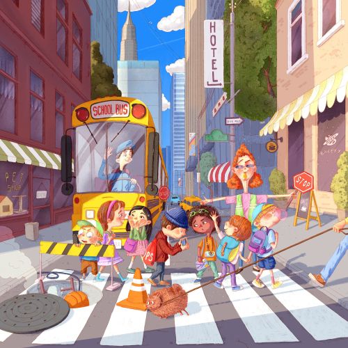 Stylized illustration of busy city life with school bus