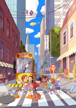 Stylized illustration of busy city life with school bus