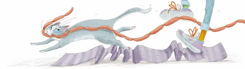 Running rabbit holding scissors and thread by Olga Popova