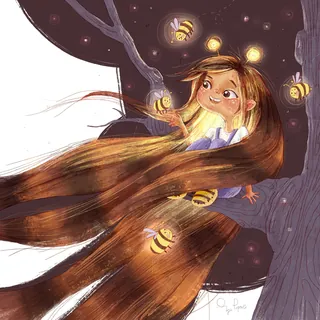 Girl with long hair lit by fireflies near a tree, illustration by Olga Popova