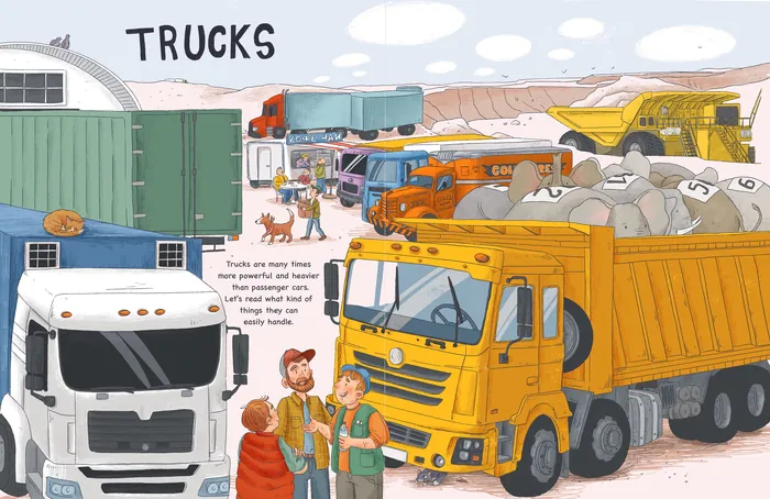 Various trucks and workers at a busy construction site