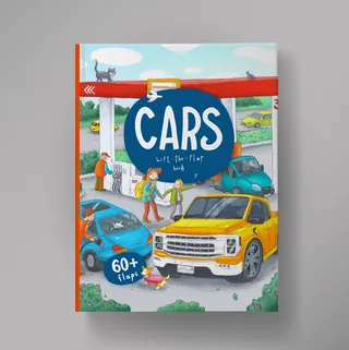 Illustrated book cover titled Cars with colorful cars and people