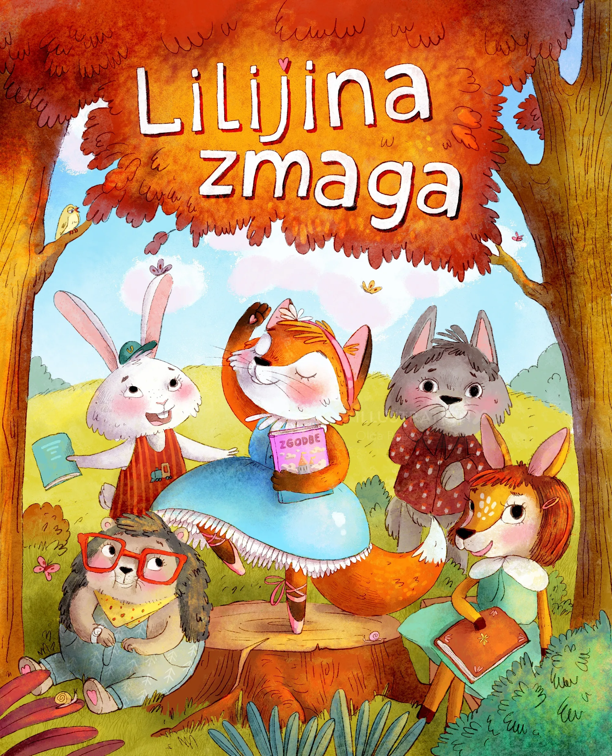 Five animal characters sitting and standing under an orange-leaved tree.
