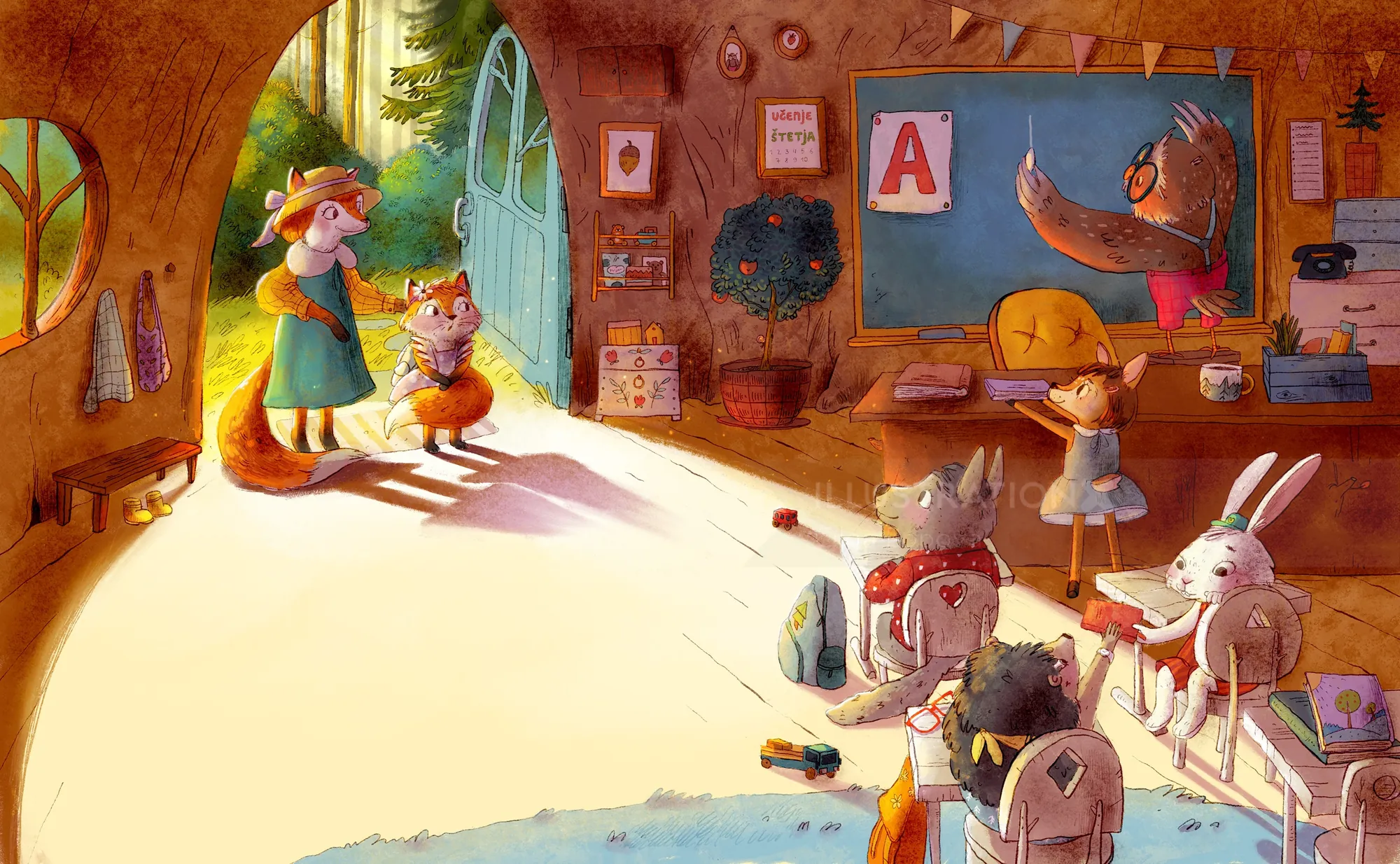 Animals and children in a cozy classroom with a blackboard and sunlight