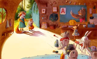 Animals and children in a cozy classroom with a blackboard and sunlight