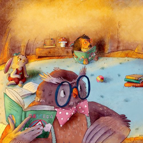 Animals reading books in a cozy indoor setting