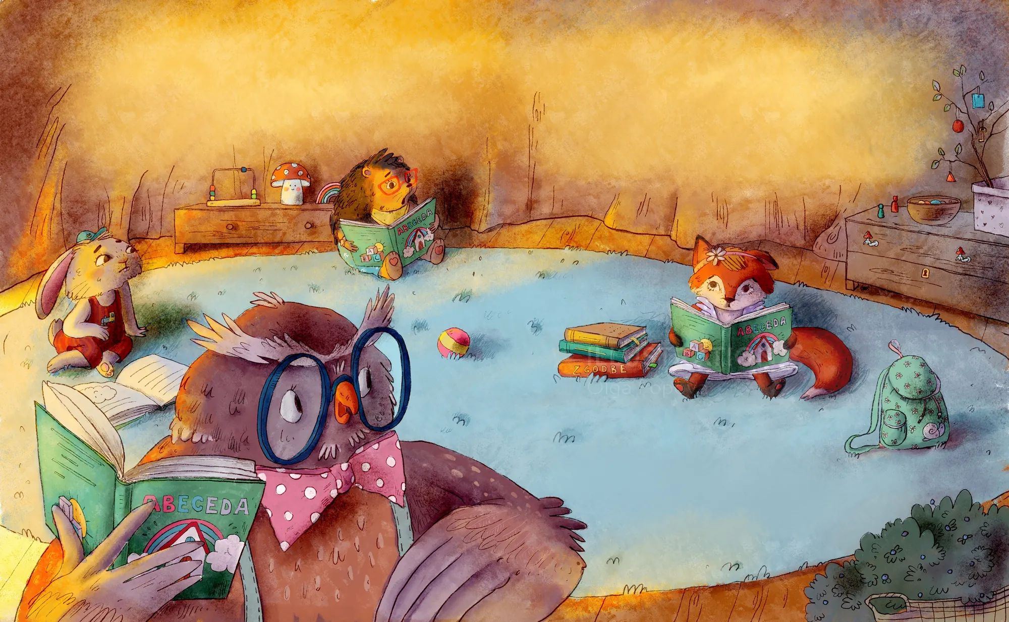 Animals reading books in a cozy indoor setting