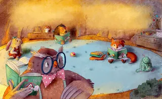 Animals reading books in a cozy indoor setting