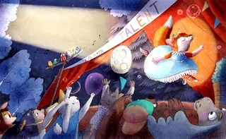 Animals dressed in costumes performing in a colorful talent show