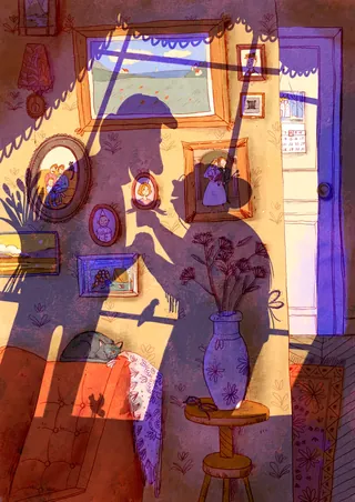 Shadowed couple facing each other inside a warmly lit room