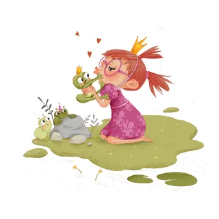 Girl in a pink dress kissing a crowned frog prince
