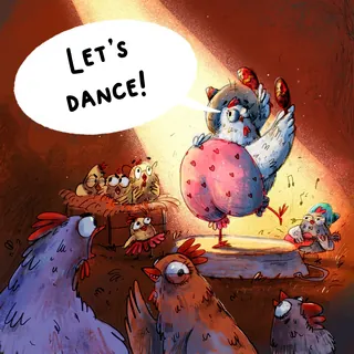 Chicken dancing on stage with others watching and eggs in a nest