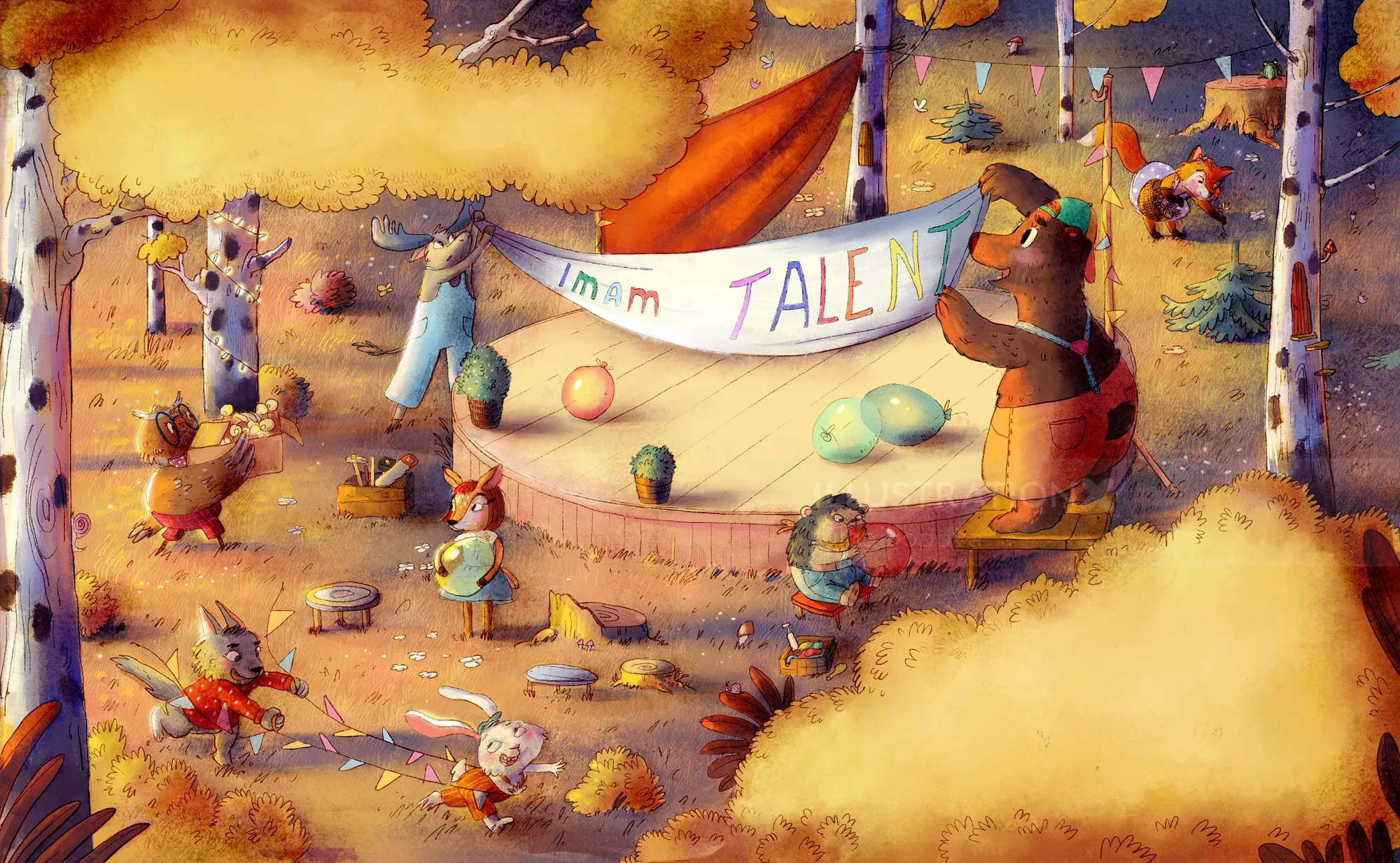 Woodland animals enjoying a talent show in colorful autumn forest