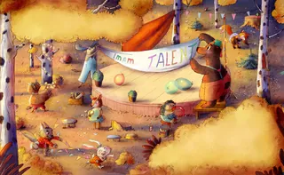 Woodland animals enjoying a talent show in colorful autumn forest