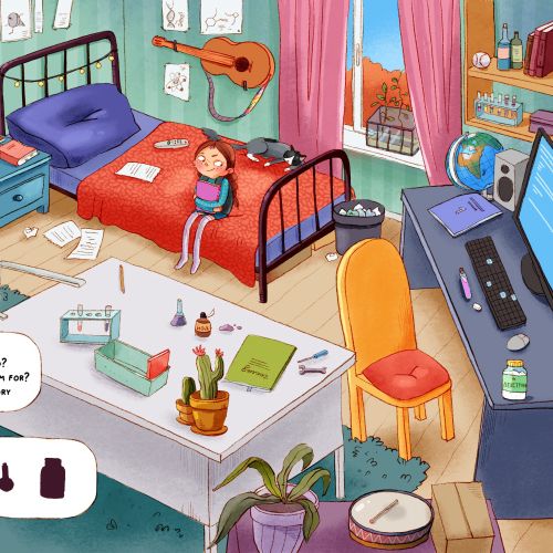 Bright kids' room with bed, toys, books, and two children.