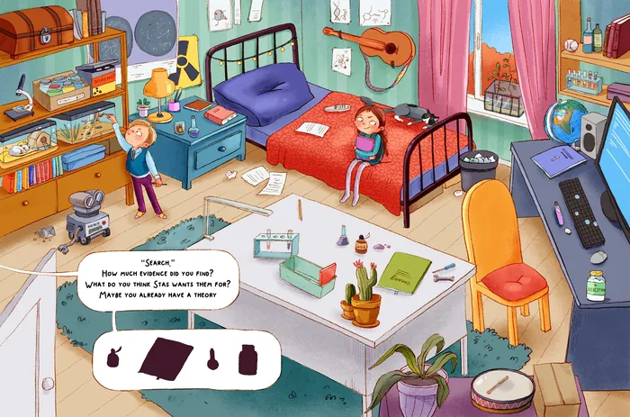 Bright kids' room with bed, toys, books, and two children.