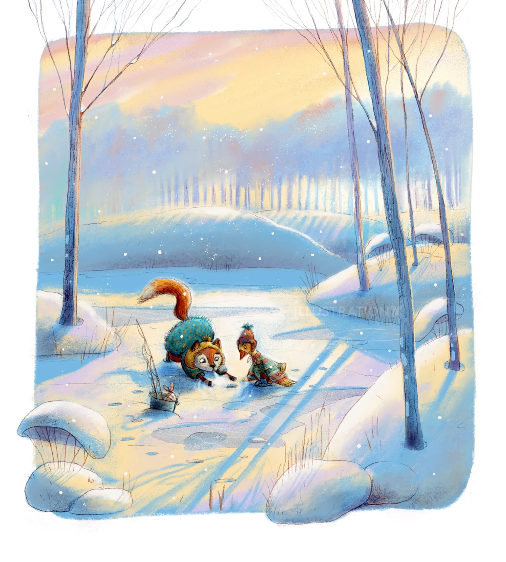 Squirrel and bird ice fishing on frozen pond in snowy winter forest