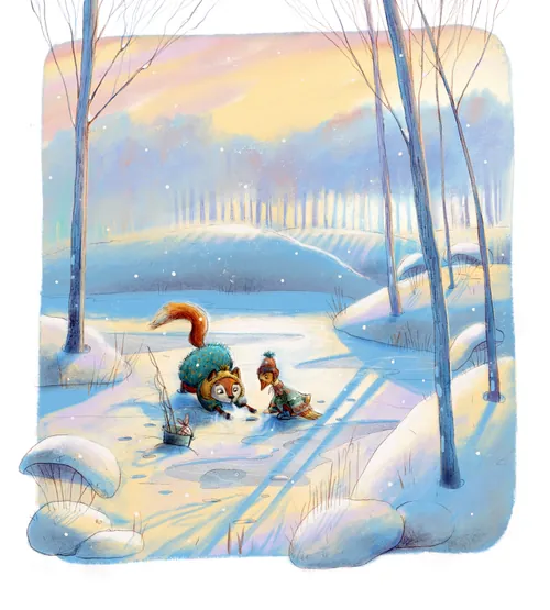 Squirrel and bird ice fishing on frozen pond in snowy winter forest