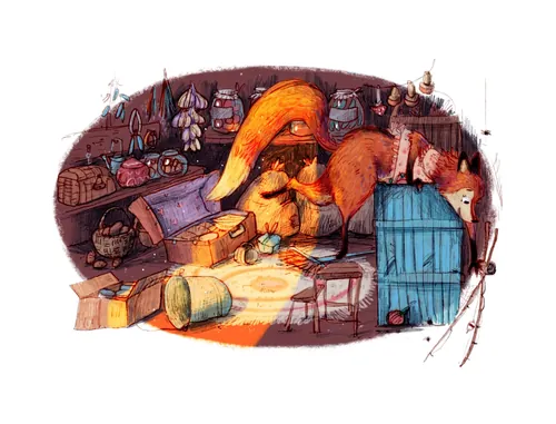 Fox inside a cluttered rustic cabin with boxes and jars