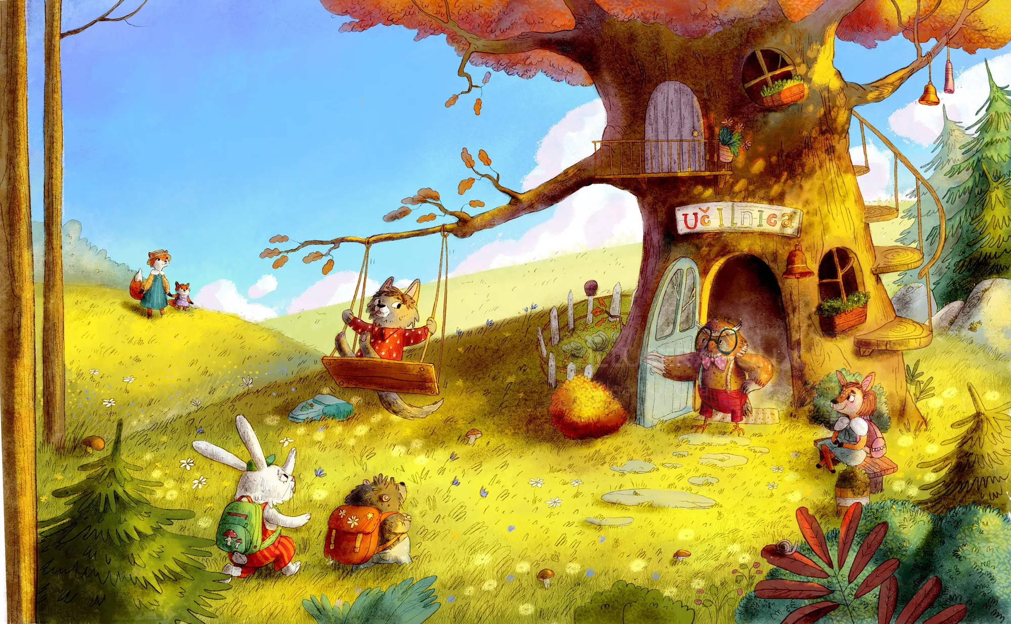 Children and animals playing around a treehouse in a colorful meadow