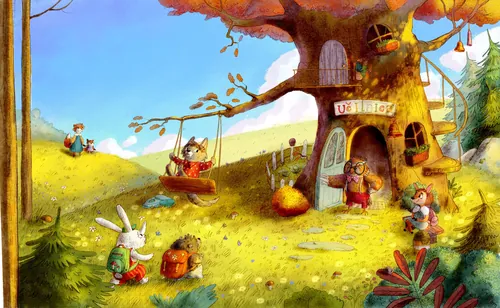 Children and animals playing around a treehouse in a colorful meadow