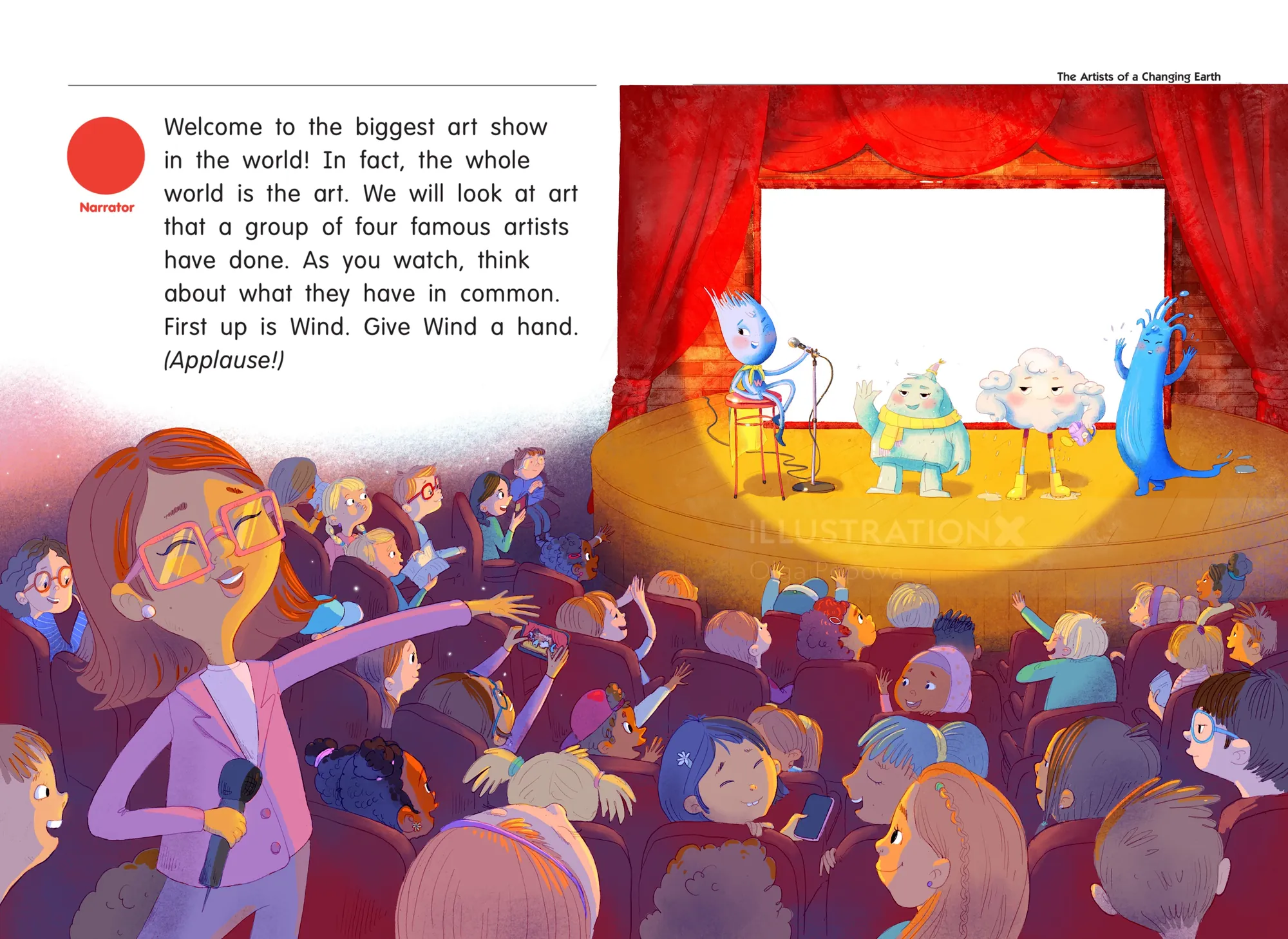 Children excitedly watching and clapping for a colorful puppet show.