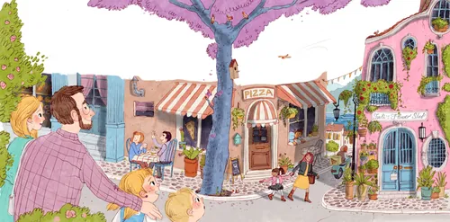 Colorful street with families, cafes, and a large pink tree