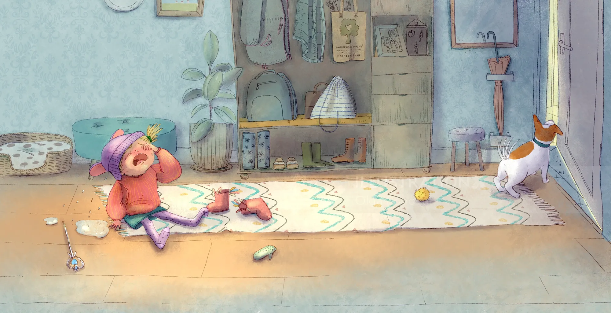 Child sitting on floor looking thoughtful, cat standing by door