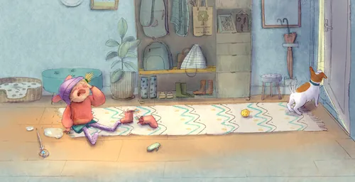 Child sitting on floor looking thoughtful, cat standing by door