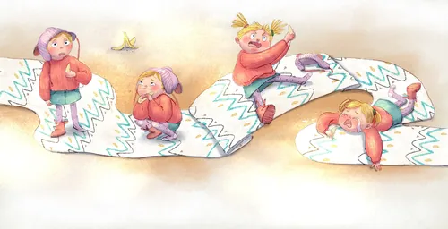 Kids playing and sliding on a zigzag patterned ribbon