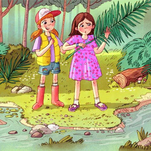 Children watching person in white near forest stream with frogs and plants