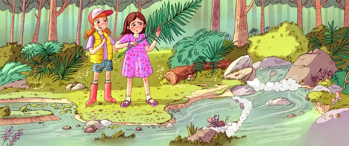 Children watching person in white near forest stream with frogs and plants