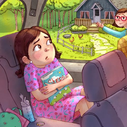 Worried girl in car holding book as woman points at house outside