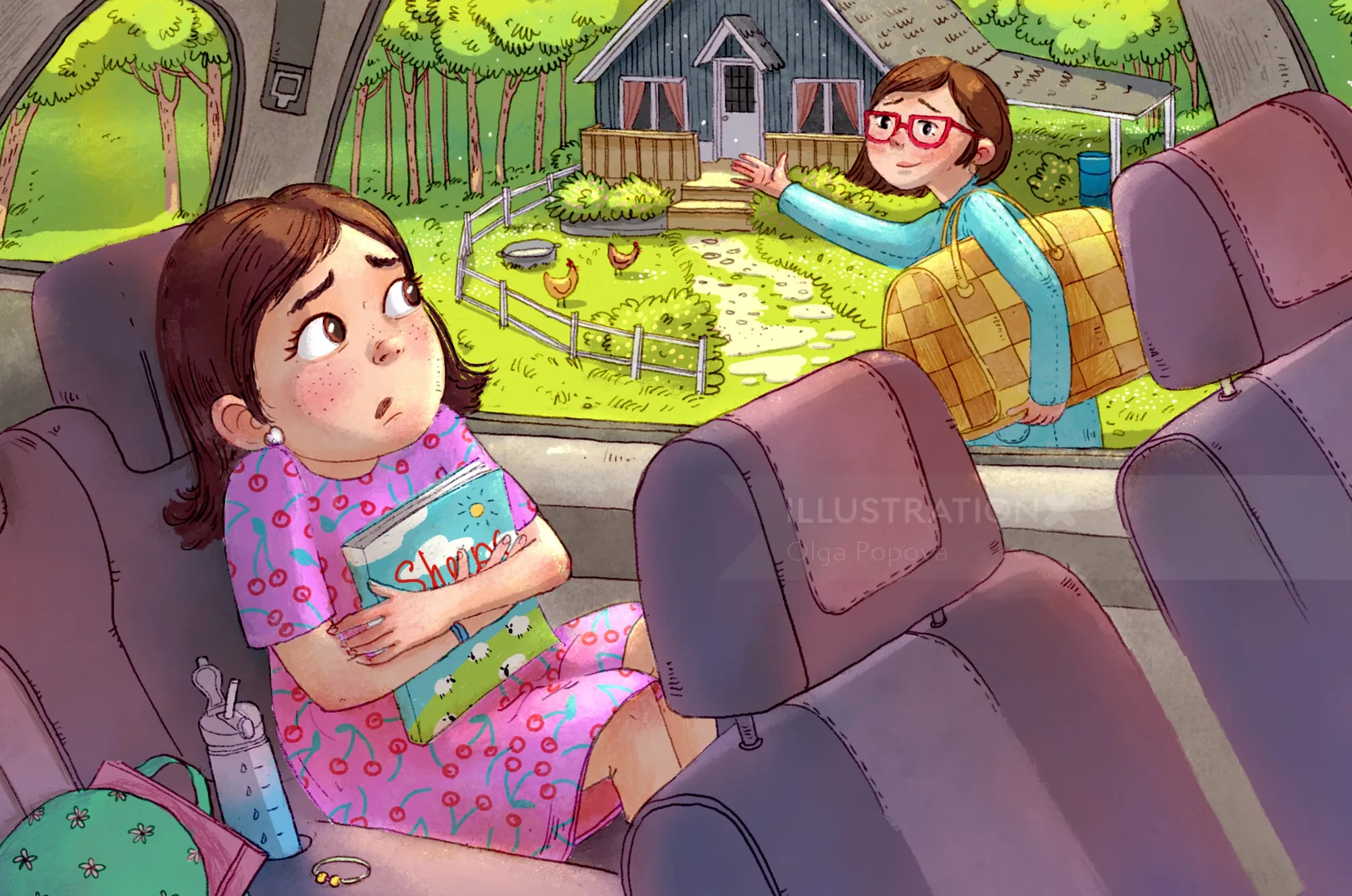 Worried girl in car holding book as woman points at house outside