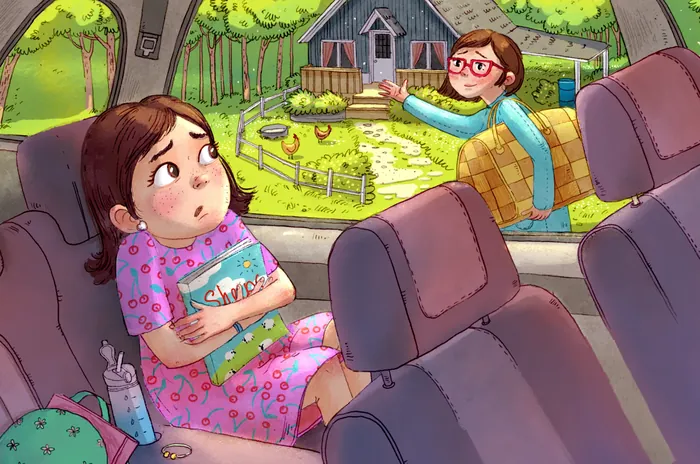 Worried girl in car holding book as woman points at house outside